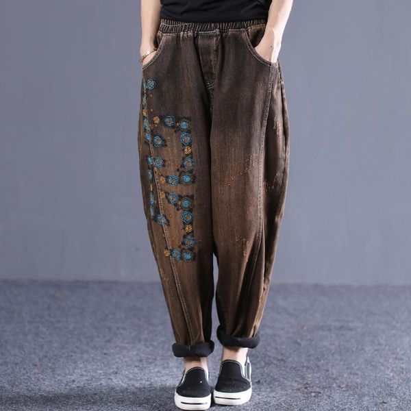 

women's jeans buykud casual harem pants 2021 winter autumn embroidery women loose vintage elastic, Blue