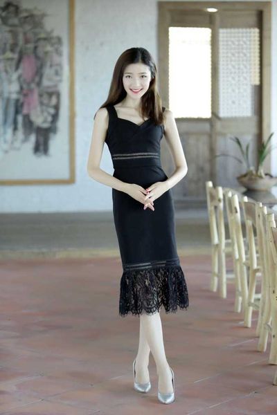 

luxury party evening dress 2021 summer black waist stitched lace fishtail skirt slim high set small, White;pink