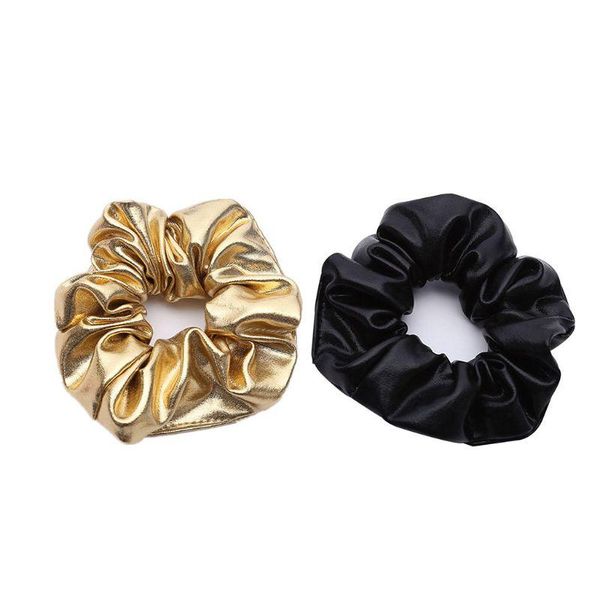 

10cm women girls wide elastic rubber band glitter gold/back faux leather hair rope ruched dancing ponytail holder party scrunchi accessories