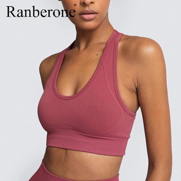 

ranberone female sports breathable yoga vest solid color running underwear seamless women's bra gym clothes sportswear clothing, White;black