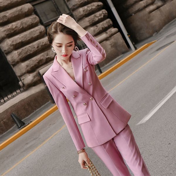 

2021 new women autumn winter office lady suit female double breasted pants set formal elegant blazer 2 piece sets a140x97w, White
