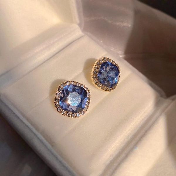 

stud trendy fine 14k real gold plated square blue crystal earrings for women girl jewelry zircon s925 silver needle gift, Golden;silver