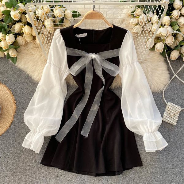 

vintage square collar mesh patchwork mini dress women sweet flare long sleeve bow vestidos female fashion spring autumn 210426, Black;gray