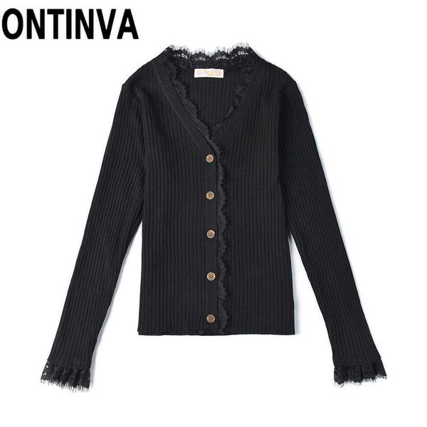 

ladies autumn french retro style black blue knitwear jumper with lace v-neck arrival knitted women outdoor cardigan 210527, White