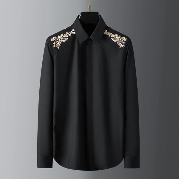 

men's casual shirts minglu floral embroidery male luxury long sleeve black white mens dress slim fit party tuxedo man, White;black