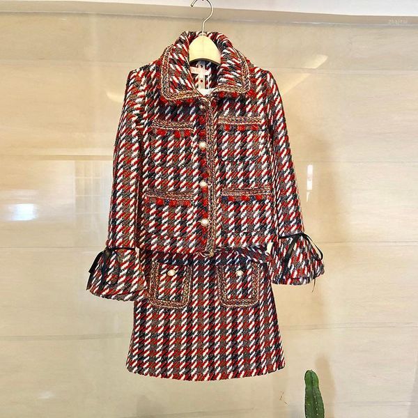 

suits women skirt runway luxury designers elegant office ladies formal tweed blazer jacket coat mini 2 piece sets winter two dress, White