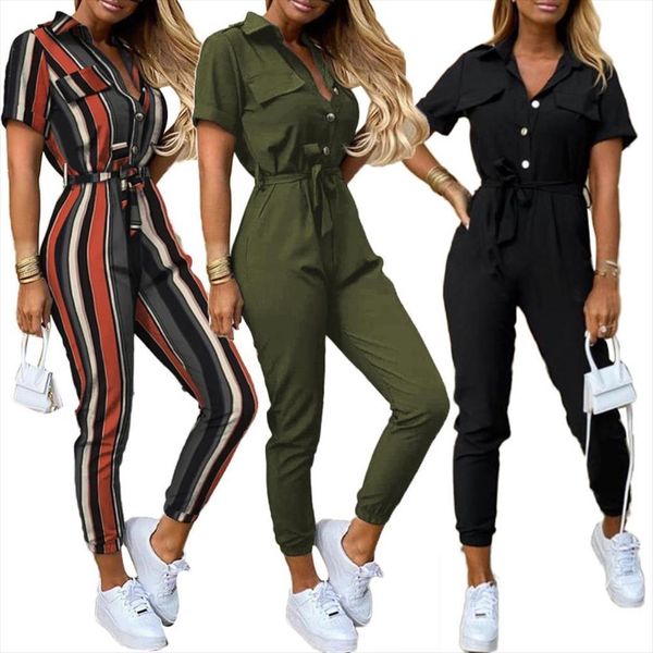 

office short sleeve womens jumpsuit v neck stripes print button belt one piece women, Black;white