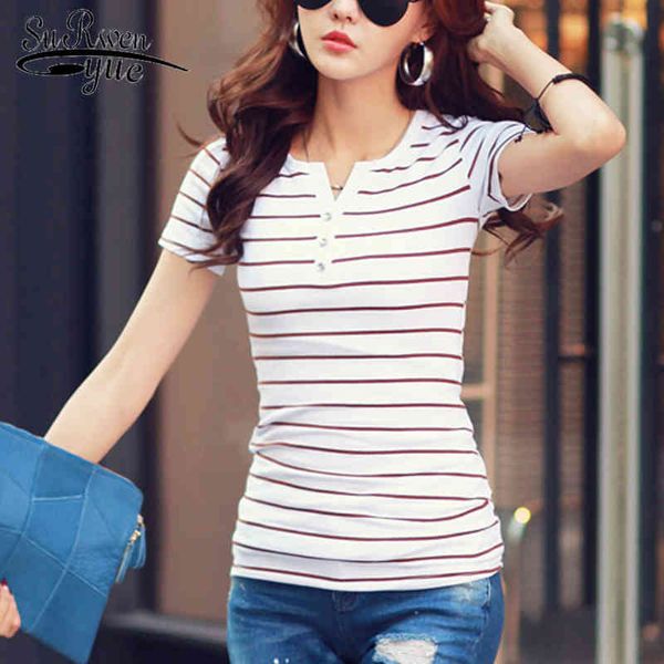 Летние повседневные хлопковые футболки футболки OP S V-образным вырезом женщины с коротким рукавом белая полоса - плюс размер 3188 50 210427