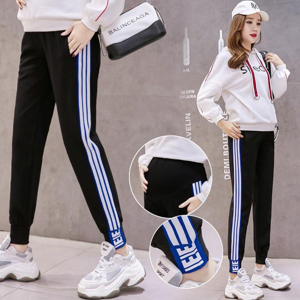 

maternity bottoms 678# pants spring autumn casual side strip comfy belly support elastic waist trousers, White