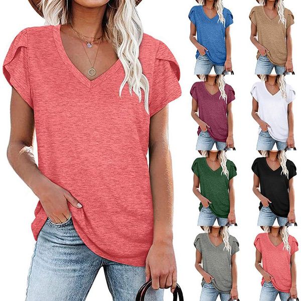 

women's t-shirt plus size casual loose solid color v-neck petal short-sleeved summer pullover clothing crop female, White