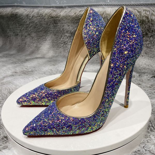 Classico Bling Punta a punta 12cm 10cm 8cm Scarpe con tacco alto Donna Viola Glitter Stiletto Festa di nozze Scarpe per appuntamenti Sexy Lady Slip on Pump