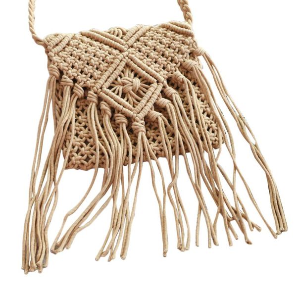 

theft protection fringed crochet cotton cross-body bag bohemian summer beach shoulder for girls (beige)