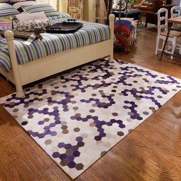 

american style natural cowhide seamed rug , purple color genuine cows skin carpet for princess gril's room, fur bedside carpets