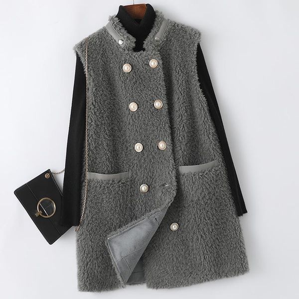

women's fur & faux 2021 women real wool vest winter casual thick warm lamb waistcoat female mid-lenght sheep shearing jacket d175, Black