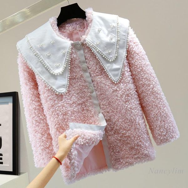 

women's jackets beads leather collar lamb wool coat for women long-sleeved autumn winter korean style pu stitching imitation fur jacket, Black;brown