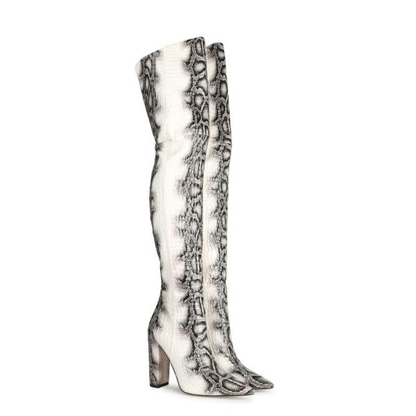 

boots snake skin high tube knee show thick heel women's shoes, Black