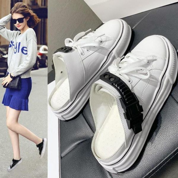 

summer semi-drag baotou flat sole shoes outdoor fashion white slippers, Black