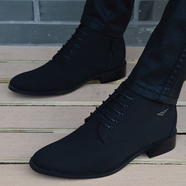 

dress shoes autumn winter men boots breathable pointed toe business leather fashion canvas high-casual zapatos hombre ze6r, Black
