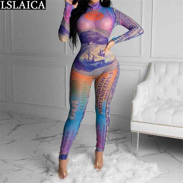 

mesh jumpsuit dollar printed casual skinny jump suits for women fashiclubwear long sleeve combinaison summer 210515, Black;white