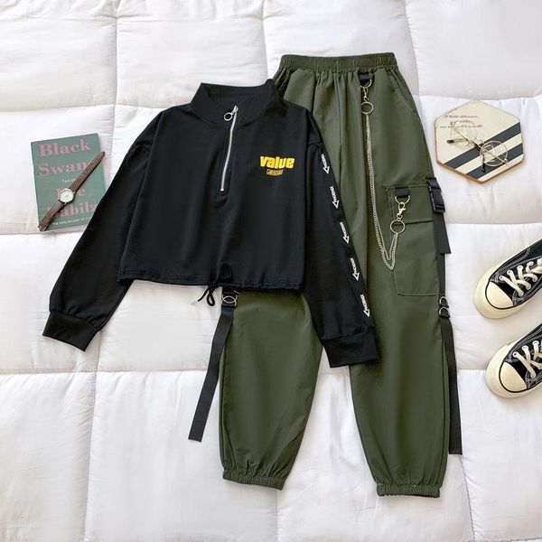 

women's two piece pants women streetwear harajuku pant chain females sets cargo buckle ribbon pocket jogger 2 suit, White
