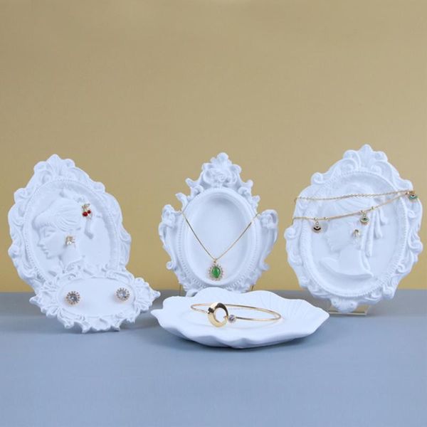 

jewelry pouches, bags creative resin tray storage rack white embossed necklace and earrings board vintage decoration, Pink;blue