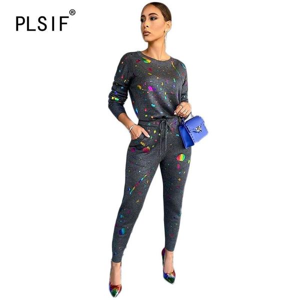 

women's tracksuits splash-ink print all black o neck long sleeve crop and pants 2 pieces set casual lady fashion women outfits, Gray