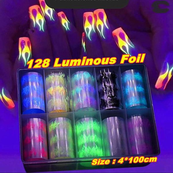 

nail art decorations luminous flame foil glow in the dark starry sky paper manicure decals for girls 1box 4x100cm, Silver;gold