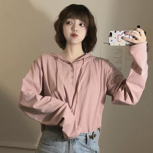 

women's t-shirt long sleeve causal style spring autumn button solid hooded tees clothing vetement femme t-shirts harajuku, White