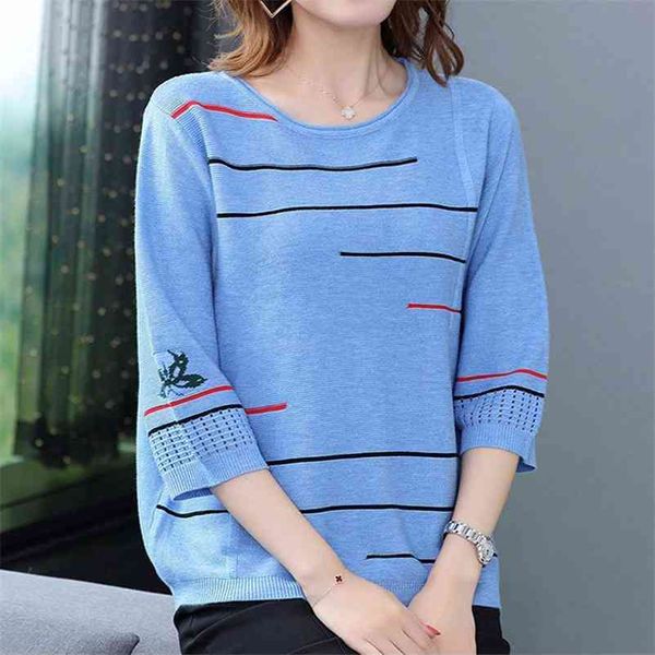 

summer three quarter sleeve striped knitted t-shirt women casual o-neck loose pullovers plus size 4xl knitwear female 210522, White