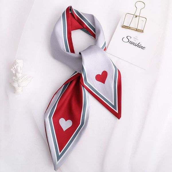 

women long silk scarf handle bag ribbons female elegant love print head scarves sharp angle 90*10cm, Blue;gray