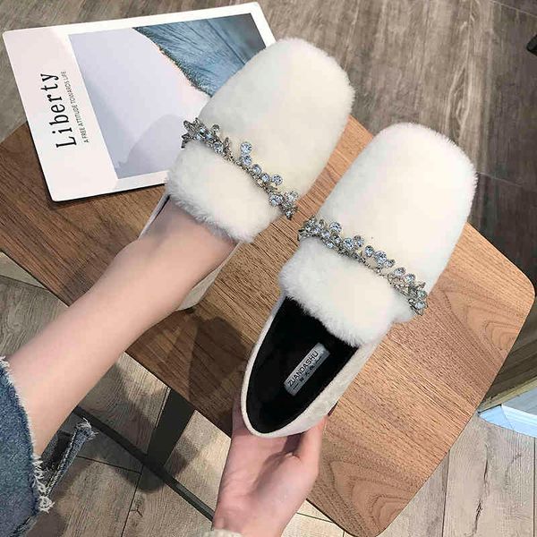 

sandals winter fashion pointed flat plus veet warm lazy rabbit fur scoop shoes rhinestone casual women's home work shoe, Black