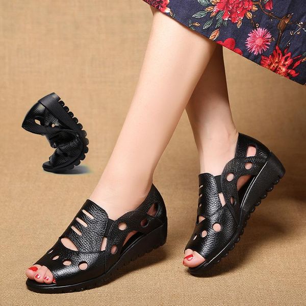 

summer women sandals soft genuine leather female dress party fish mouth black casual hollow flat wedge heel shoes