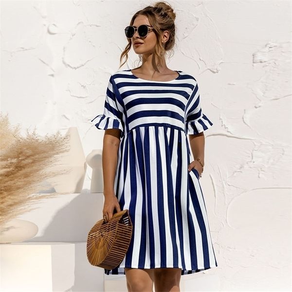 

women summer dress cute loose striped print ruffles sleeves dresses elegant a line patchwork beach party female dress vestidos 220311, Black;gray