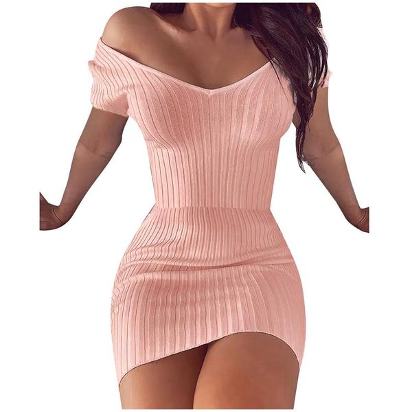 

casual dresses 40# off shoulder knit dress women solid color short sleeve v neck wrap hip slim bodycon party club vestidos, Black;gray