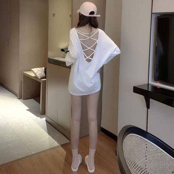 

women's t-shirt 2021 spring and summer long sleeve women loose watch out machine lower body missing cross backless top, White