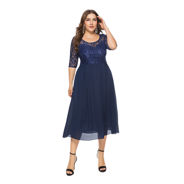 

plus size dresses women chiffon lace spliced dark blue o-neck evening gown 5xl 6xl dress mujer vestido, Black