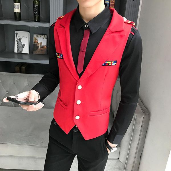 

men's vests fashion solid slim fit vest men wedding dress formal waistcoat gilet homme black red man 2021 arrival chaleco hombre, Black;white