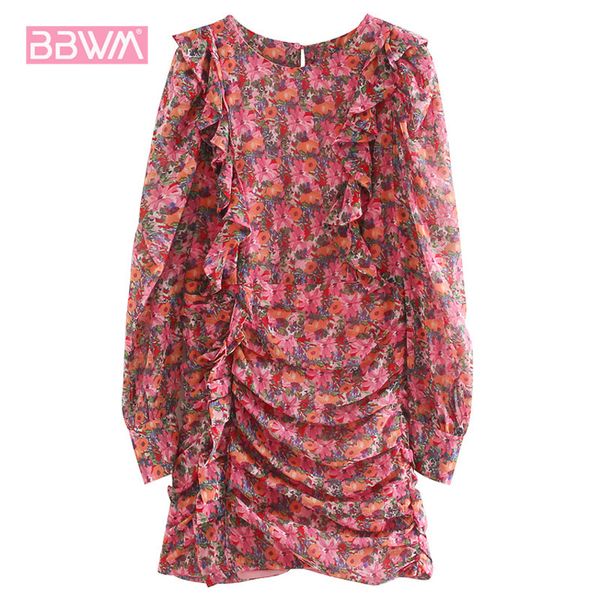 

chiffon floral female dress summer long sleeve round neck slim fit hip women's dress elegant chic vacation 210507, Black;gray
