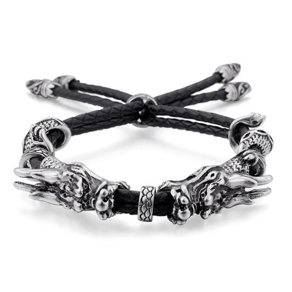 

classic braided leather bracelet male stainless steel rock double dragon men bracelets adjustable wrap bike man jewelry link, chain, Black