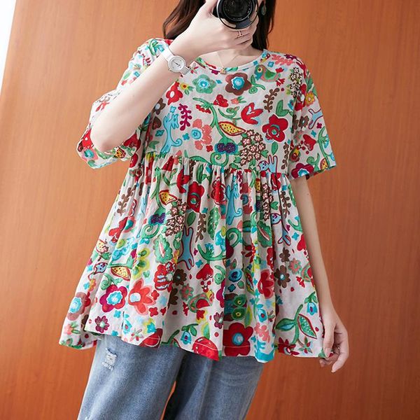 

women's t-shirt 2022summer women short sleeve o-neck plus size vintage loose casual printing cotton high quality, White