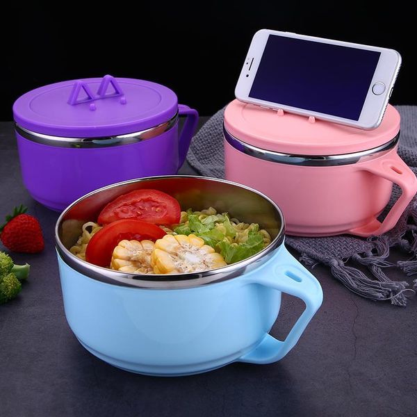 

bowls 1000ml large stainless steel bowl instant noodle eat rice soup container with lid handle mobile phone stand holder 1pc