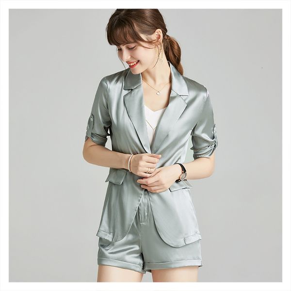 

blouses silk satin suit jacket straight wide leg shorts two-piece thin 2021 fashion style, White