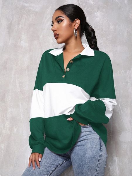 

two tone button half placket sweatshirt k8va#, White;black
