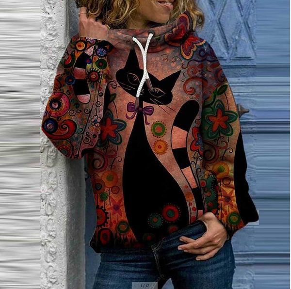 

fashion hoodies 2021 women's plush scarf collar printed cat sweater, Black
