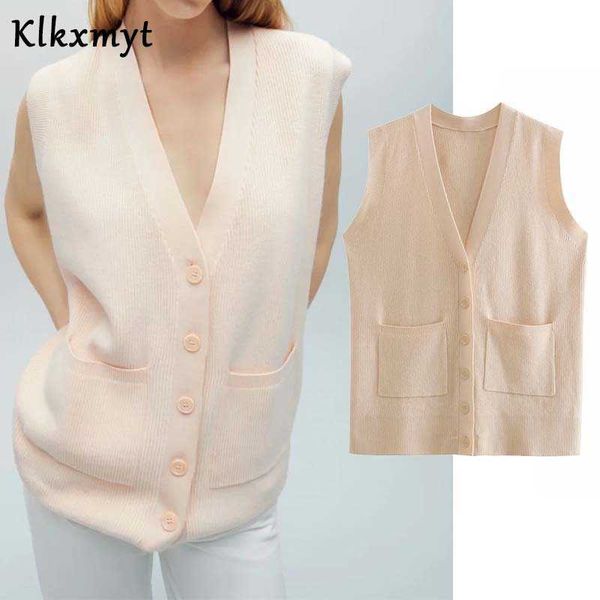 

klkxmyt za women fashion ribbing knitting vest sweater vintage v neck sleeveless pockets buttons female waistcoat chic 210527, Black;white