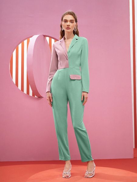 

x tania corgon two tone lapel neck jumpsuit o2uh#, White