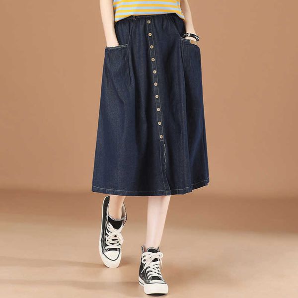 

a-line mori women's skirt summer 2021 elastic waist casual loose medium length denim thin op3687, Black