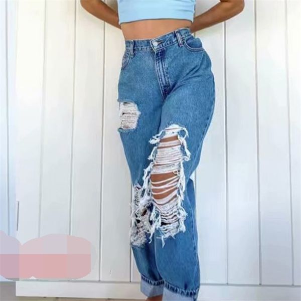 

fashion women's jeans ripped holes look thin straight street loose all-match trouser pants 210809, Blue