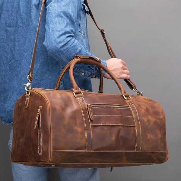 Duffel Bags Luufan Сумасшедшая лошадь Кожаные Мужчины Путешествия Сумка с Универсальным карманом Обувь Винтаж Корова Мужской Выходные Уилки Луи