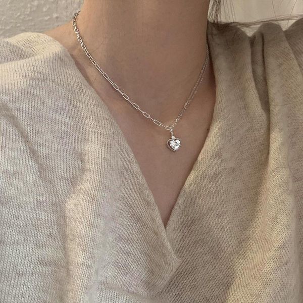 

big crystal heart necklace for women 2021 jewelry pendant chain copper hip hop luxury choker europe japanese korea necklaces, Silver